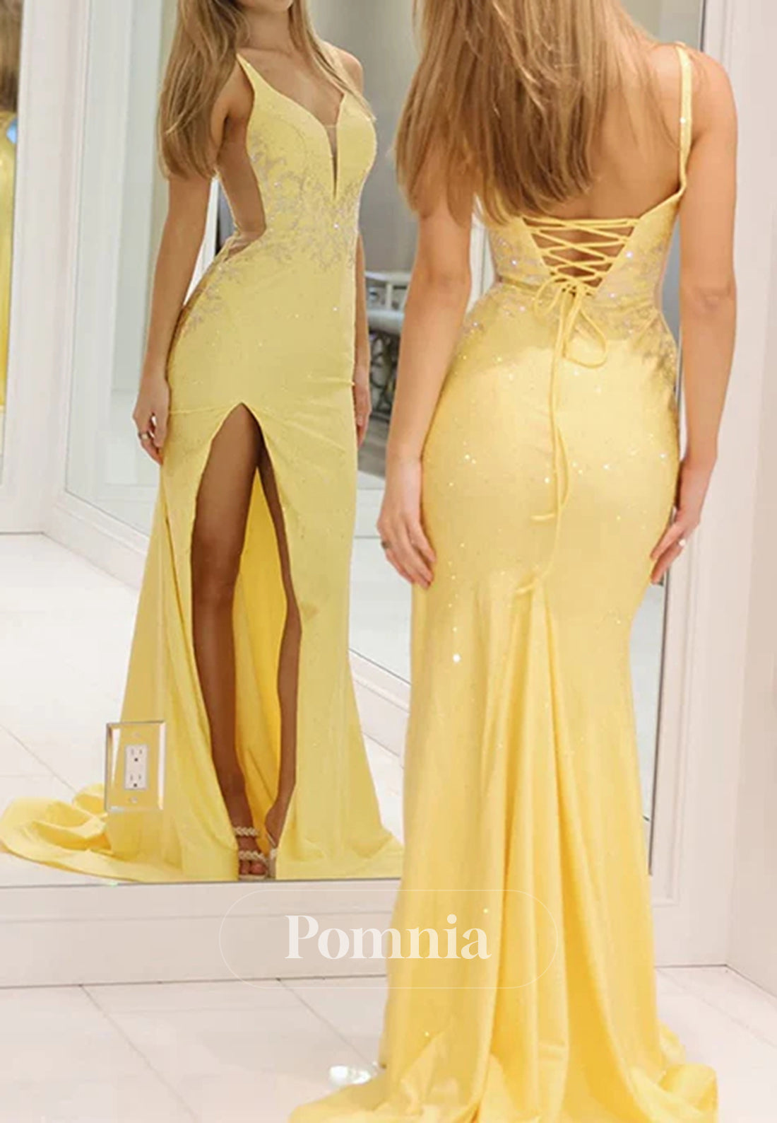Glitter Yellow Mermaid V Neck Satin Long Prom Dress with Slit