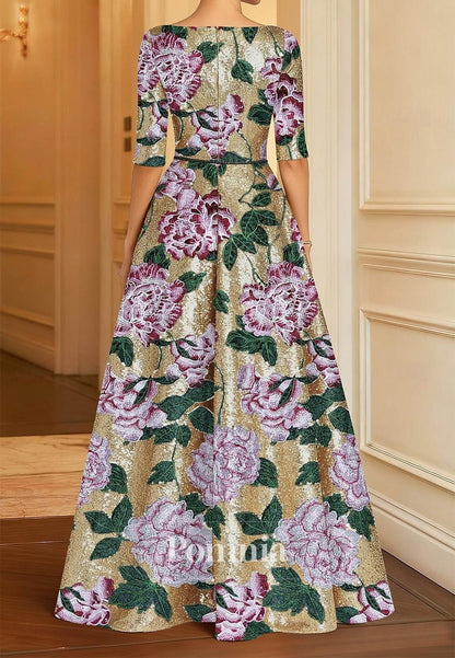 Gold Floral Embroidered A-Line Evening Gown
