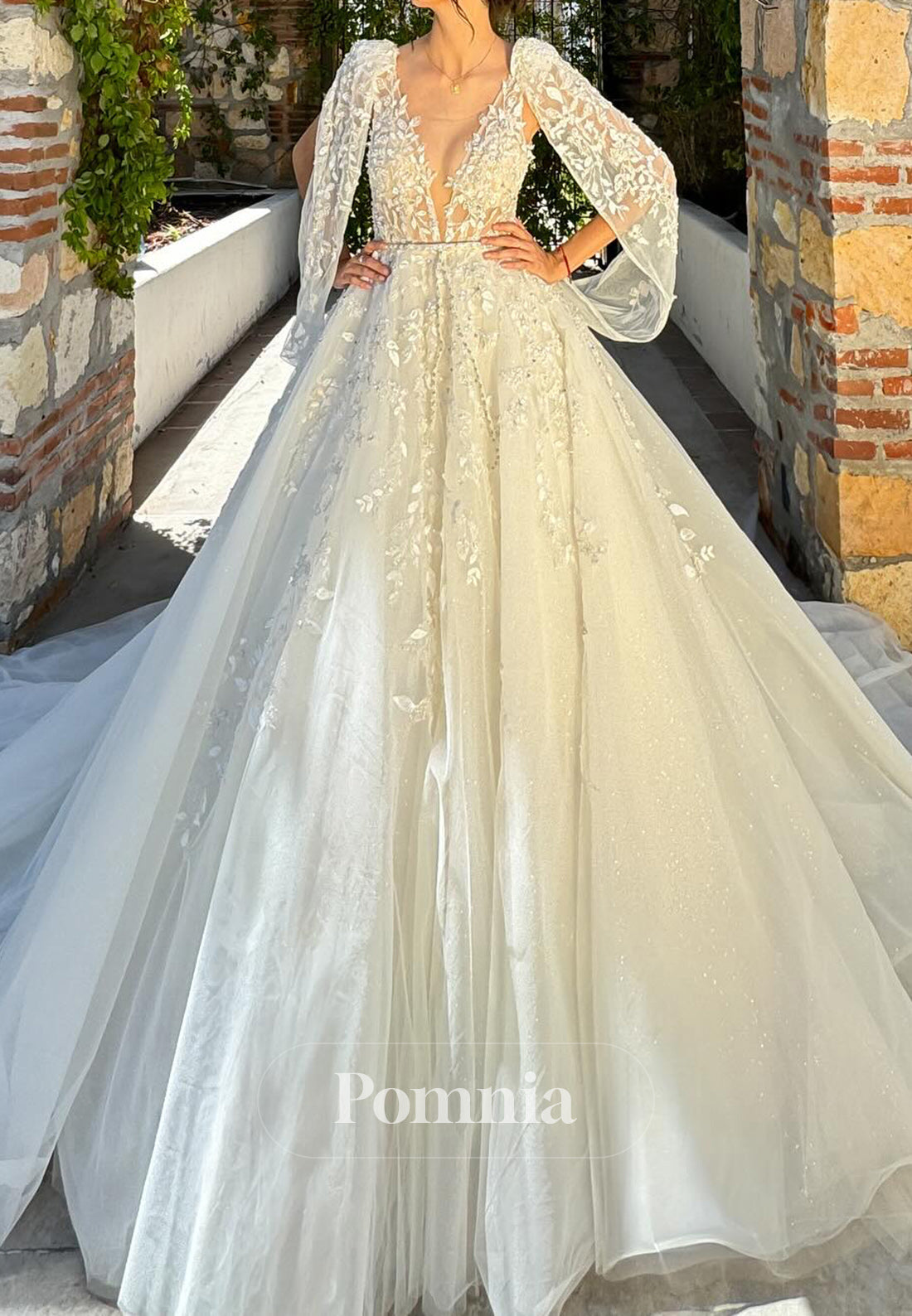 Gorgeous A-Line V-Neeck Appliques Backless Wedding Dress