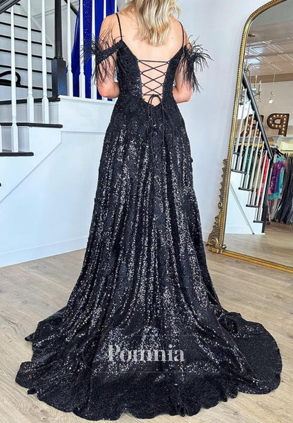 Gorgeous A Line Off the Shoulder Black Sequins with Feather