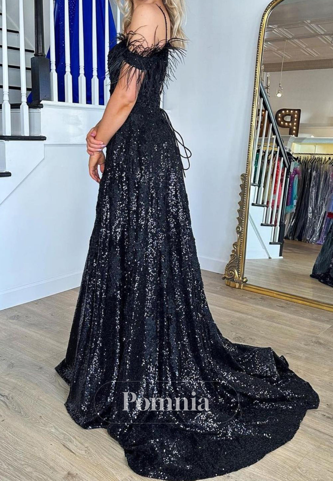 Gorgeous A Line Off the Shoulder Black Sequins with Feather