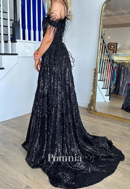 Gorgeous A Line Off the Shoulder Black Sequins with Feather