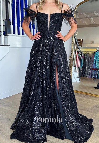 Gorgeous A Line Off the Shoulder Black Sequins with Feather
