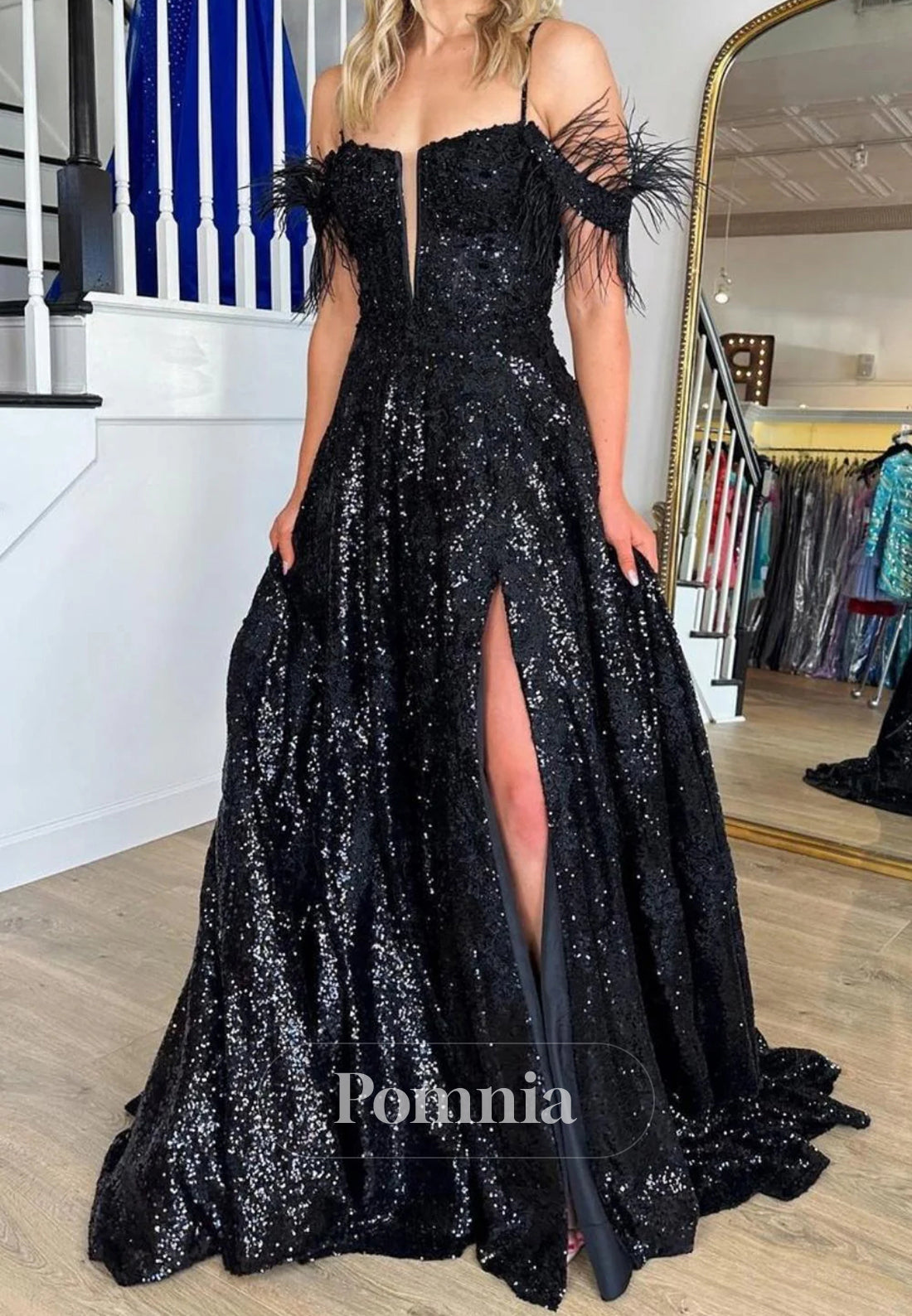 Gorgeous A Line Off the Shoulder Black Sequins with Feather