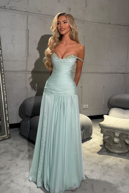 Gorgeous A Line Off the Shoulder Light Blue Long Prom Dress with Beading
