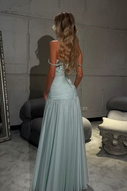 Gorgeous A Line Off the Shoulder Light Blue Long Prom Dress with Beading