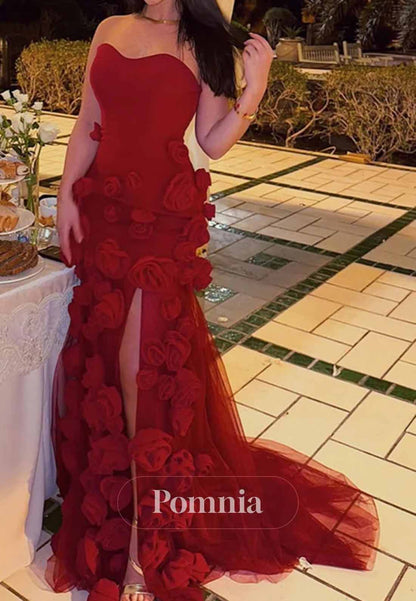Gorgeous Red Mermaid Roses Slit Backless Long Prom Dress