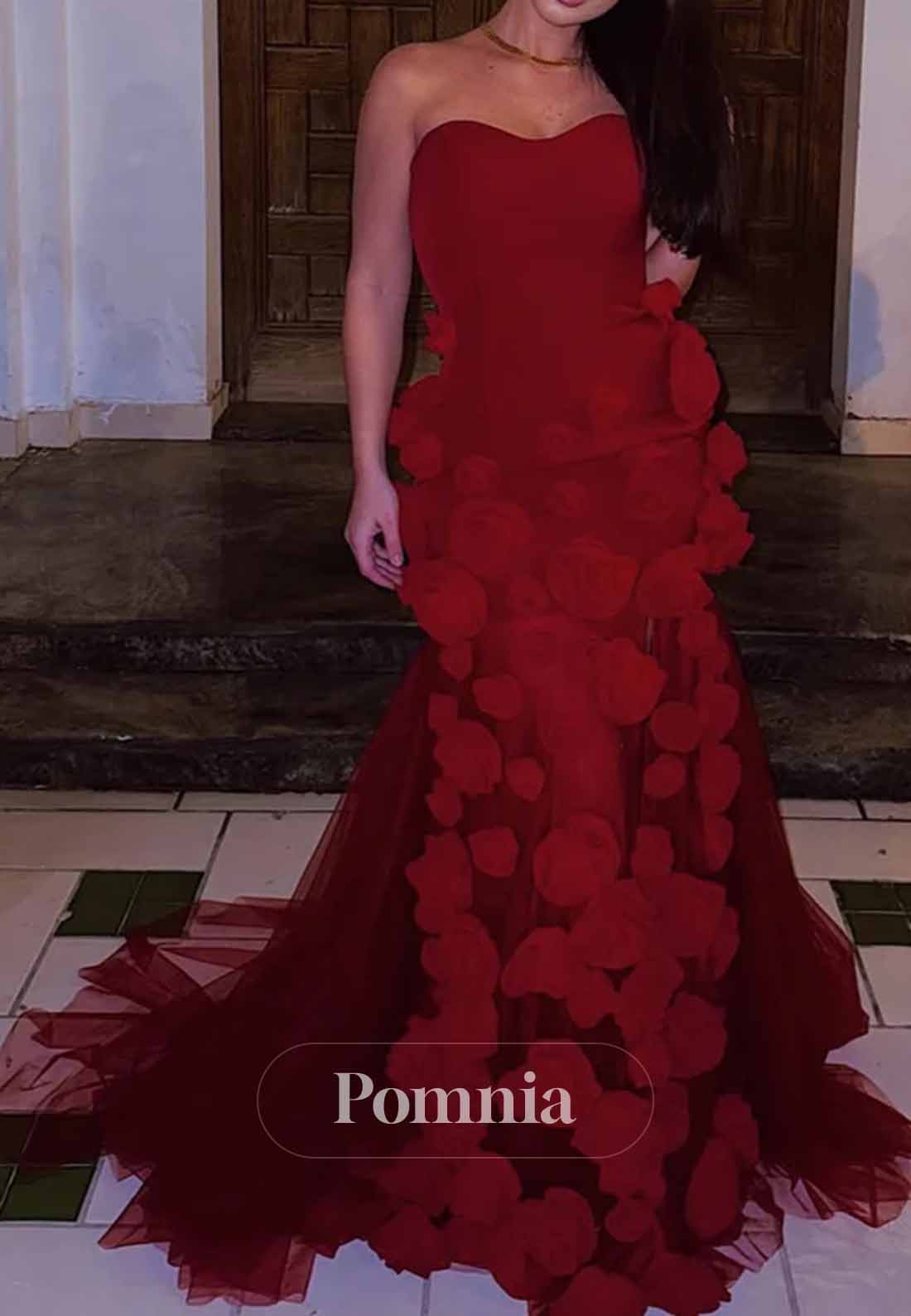 Gorgeous Red Mermaid Roses Slit Backless Long Prom Dress