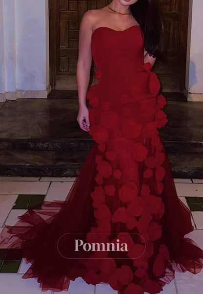 Gorgeous Red Mermaid Roses Slit Backless Long Prom Dress