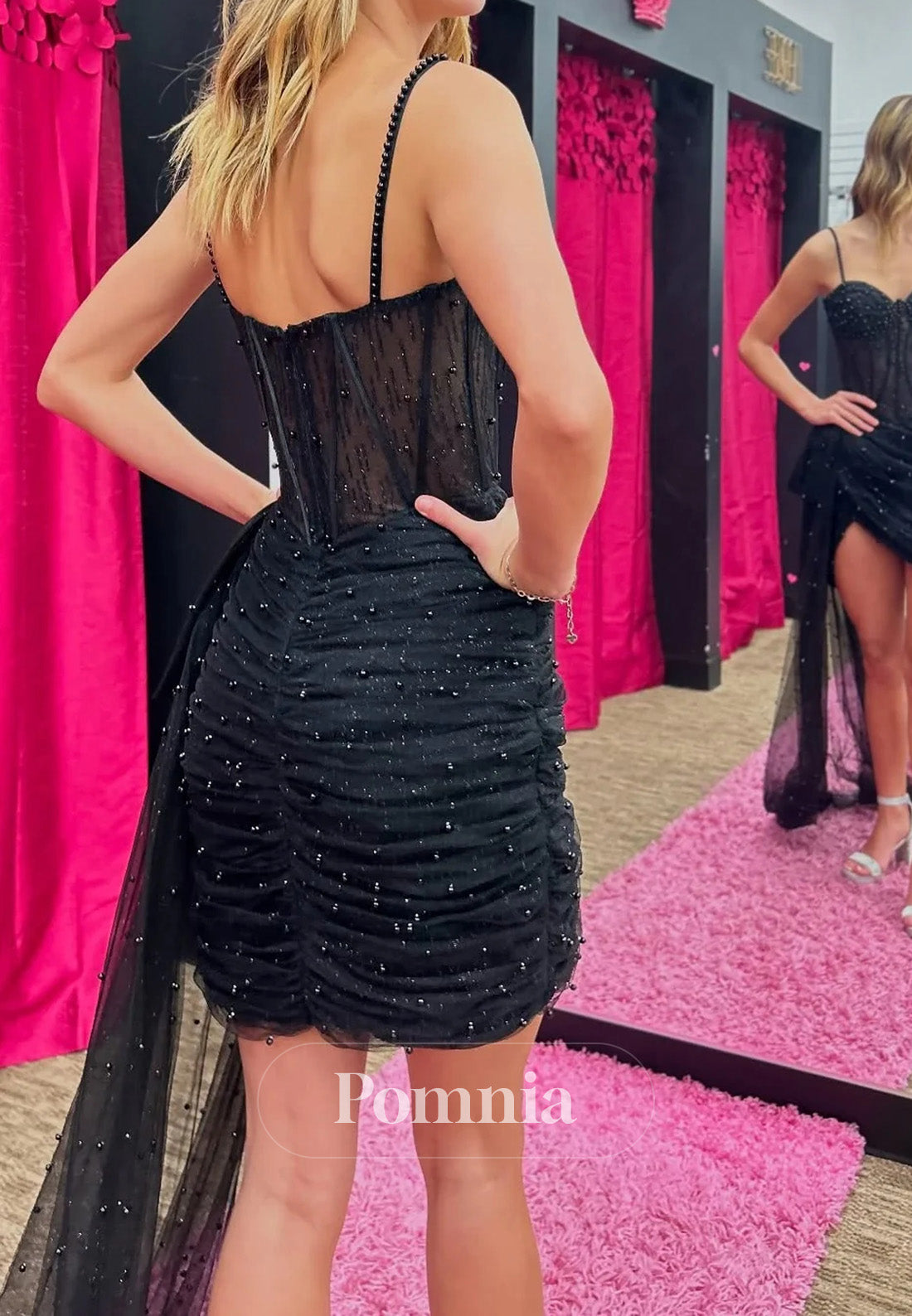 Gorgeous Sheath Spaghetti Straps Black Corset Homecoming Dress with Pearls