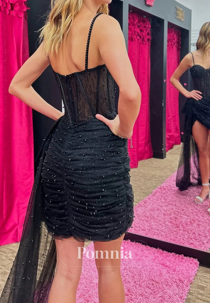 Gorgeous Sheath Spaghetti Straps Black Corset Homecoming Dress with Pearls