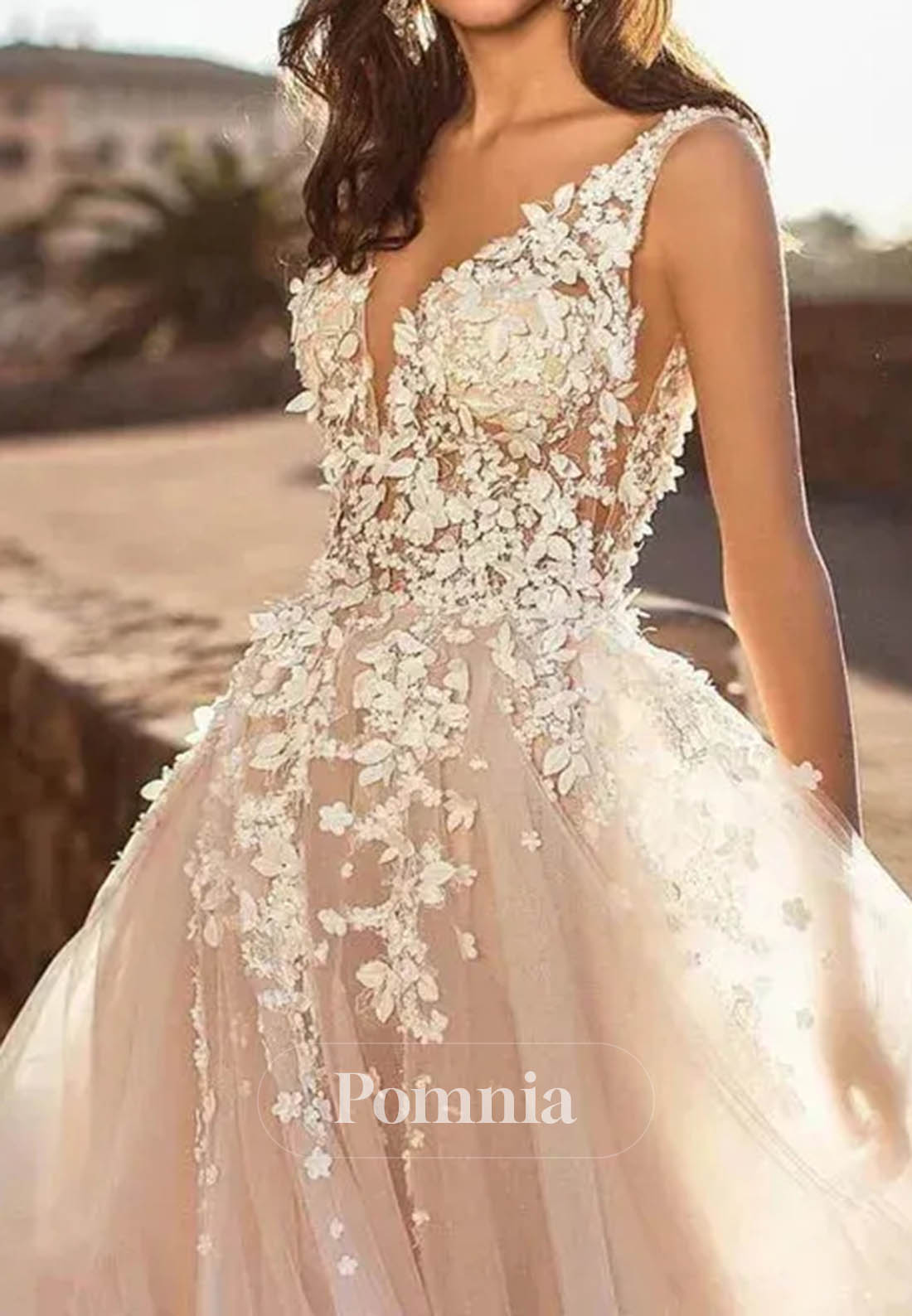 Graceful V-Neck Beach Backless 3D Floral Appliqued Wedding Dress
