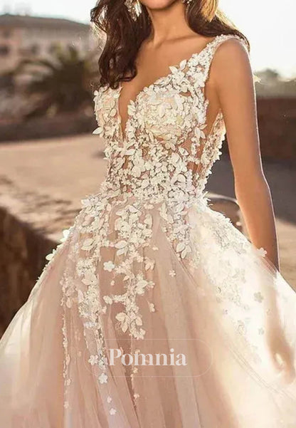 Graceful V-Neck Beach Backless 3D Floral Appliqued Wedding Dress