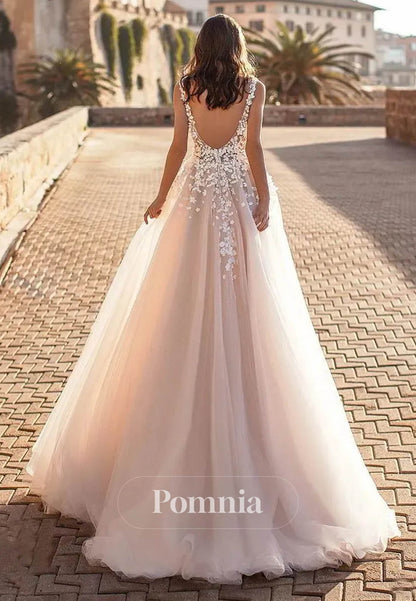 Graceful V-Neck Beach Backless 3D Floral Appliqued Wedding Dress