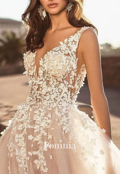 Graceful V-Neck Beach Backless 3D Floral Appliqued Wedding Dress