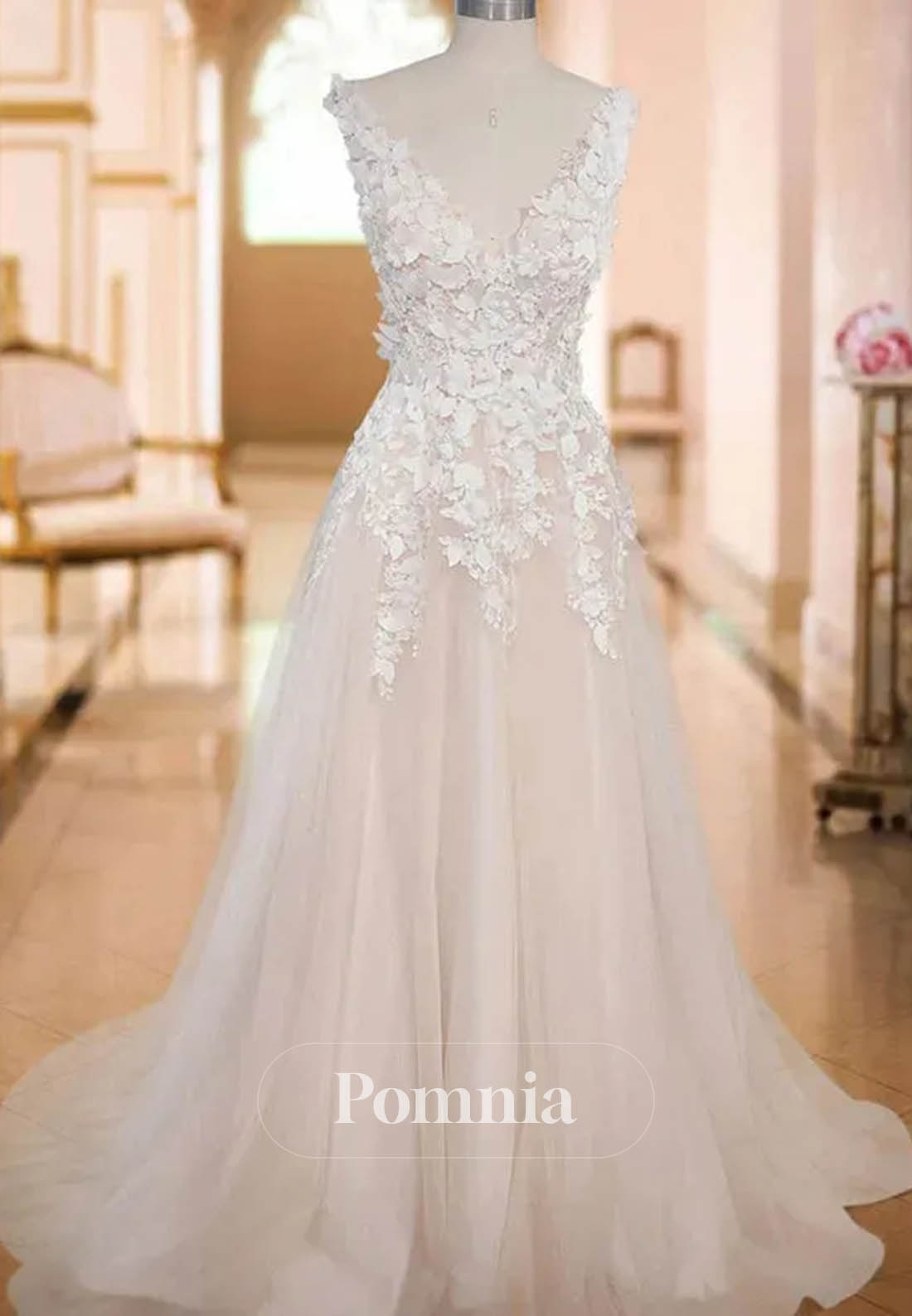 Graceful V-Neck Beach Backless 3D Floral Appliqued Wedding Dress