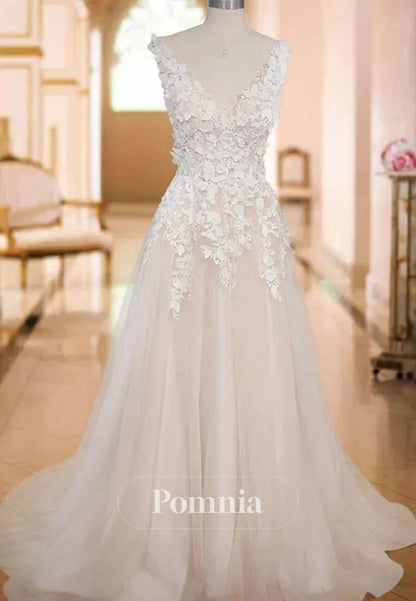 Graceful V-Neck Beach Backless 3D Floral Appliqued Wedding Dress