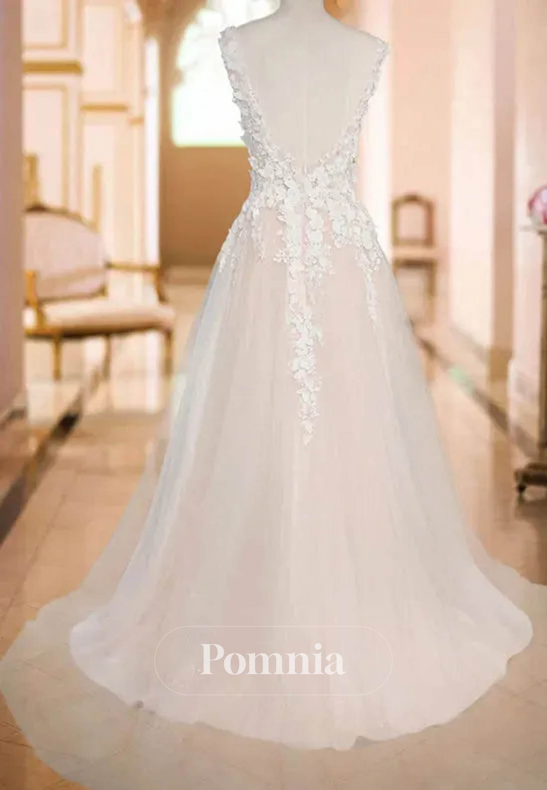 Graceful V-Neck Beach Backless 3D Floral Appliqued Wedding Dress