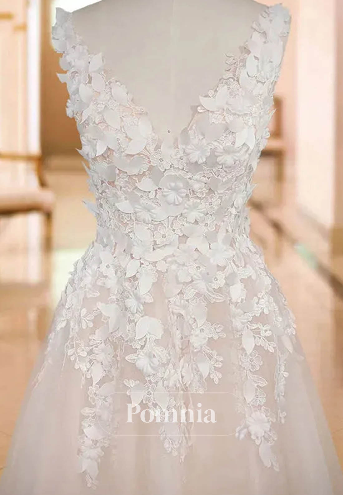 Graceful V-Neck Beach Backless 3D Floral Appliqued Wedding Dress