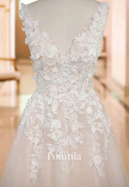 Graceful V-Neck Beach Backless 3D Floral Appliqued Wedding Dress