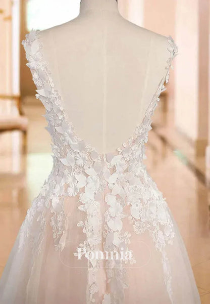 Graceful V-Neck Beach Backless 3D Floral Appliqued Wedding Dress