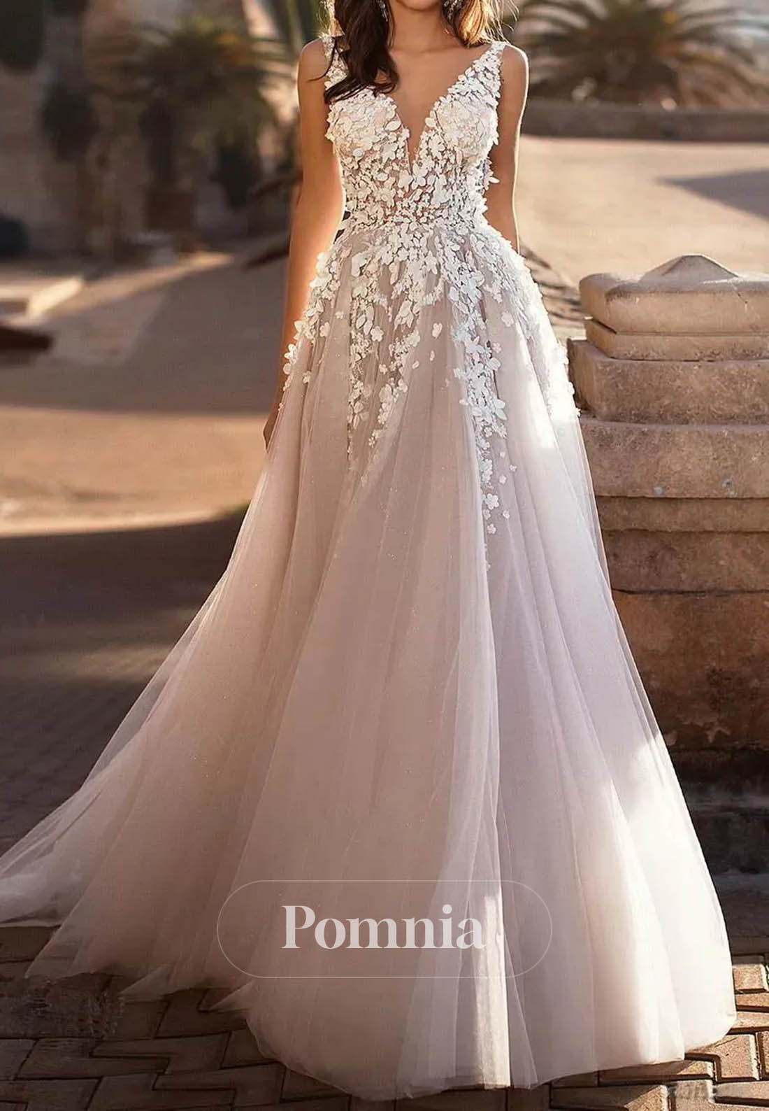 Graceful V-Neck Beach Backless 3D Floral Appliqued Wedding Dress