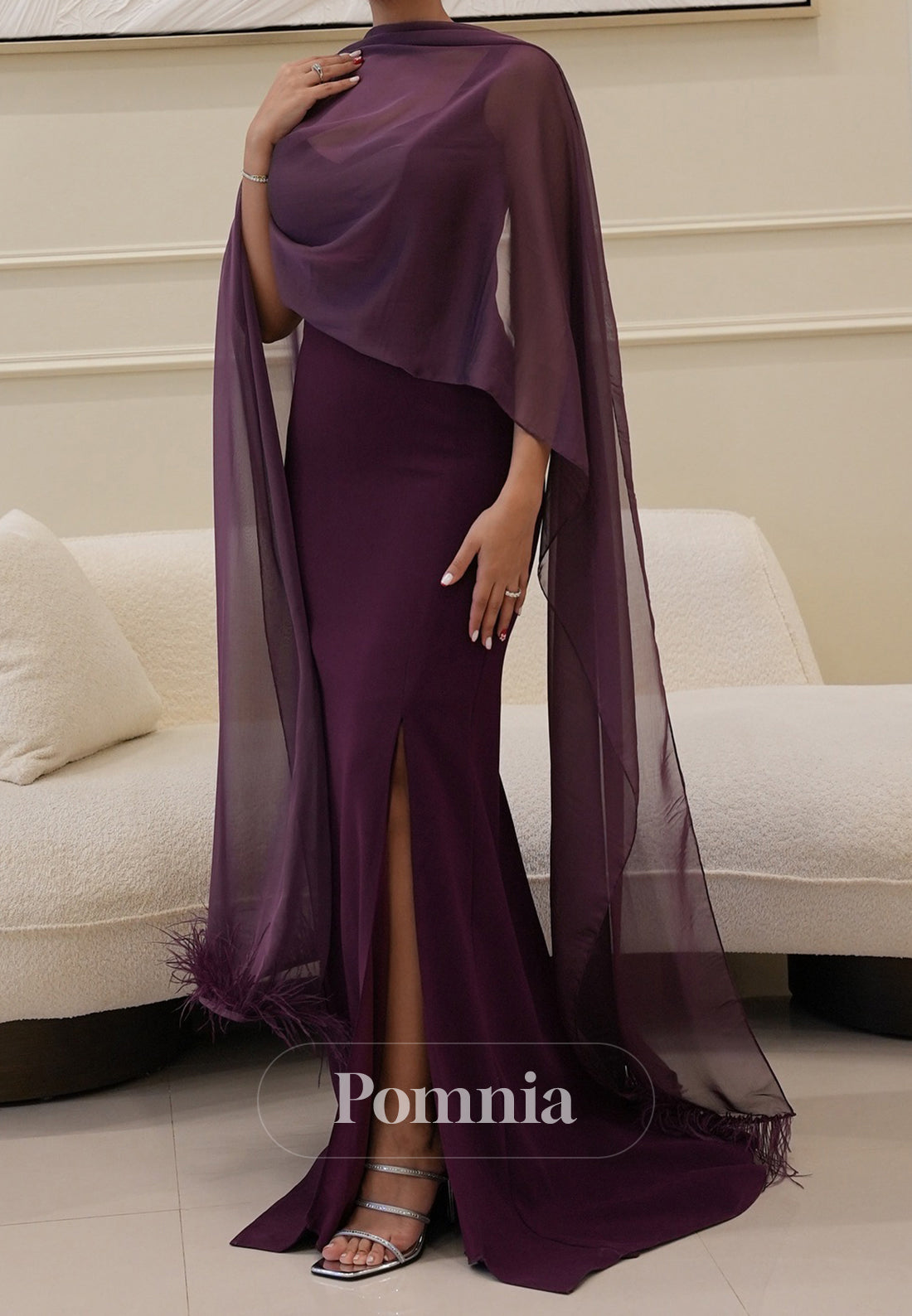 Grape Sheath Spaghetti Straps Square Slit Cape Evening Dress
