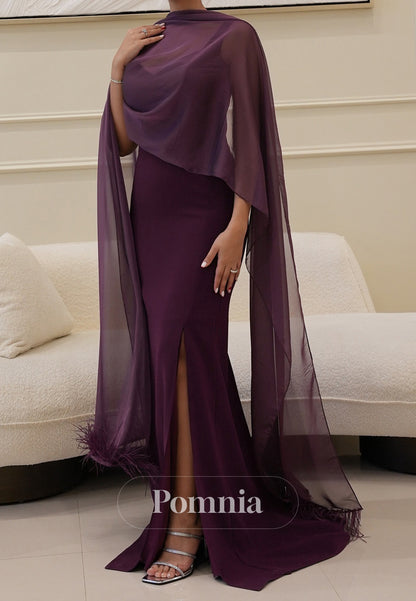 Grape Sheath Spaghetti Straps Square Slit Cape Evening Dress