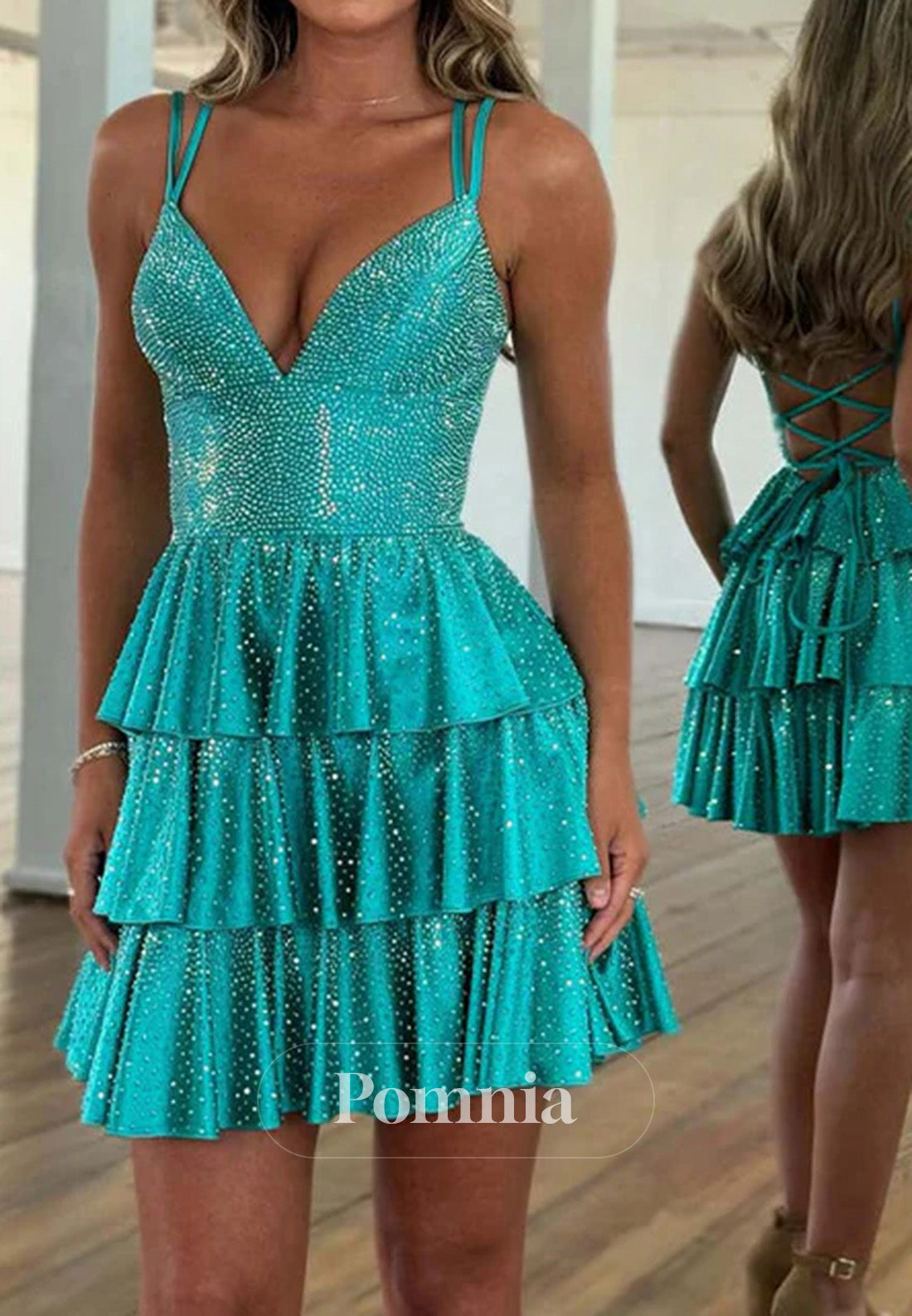 A-Line Beaded Open Back Ruffle Short Homecoming Dress