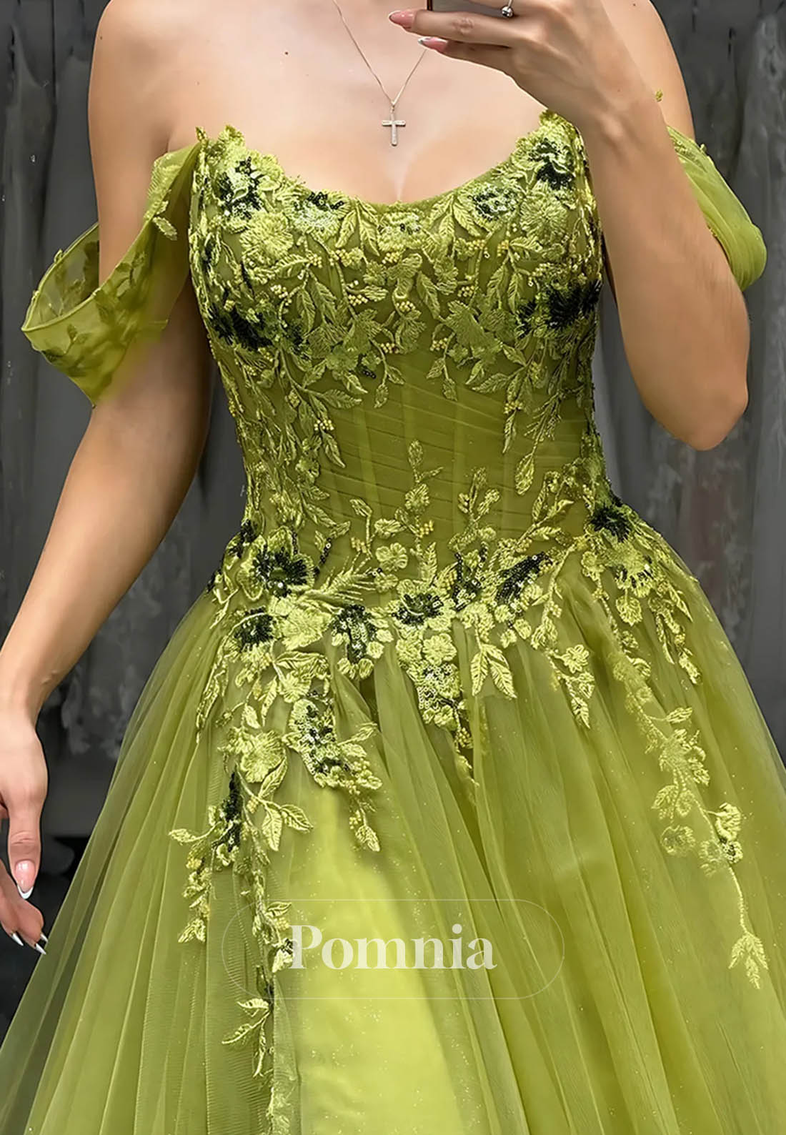 Green Off The Shoulder A-Line Long Corset Prom Dress with Lace