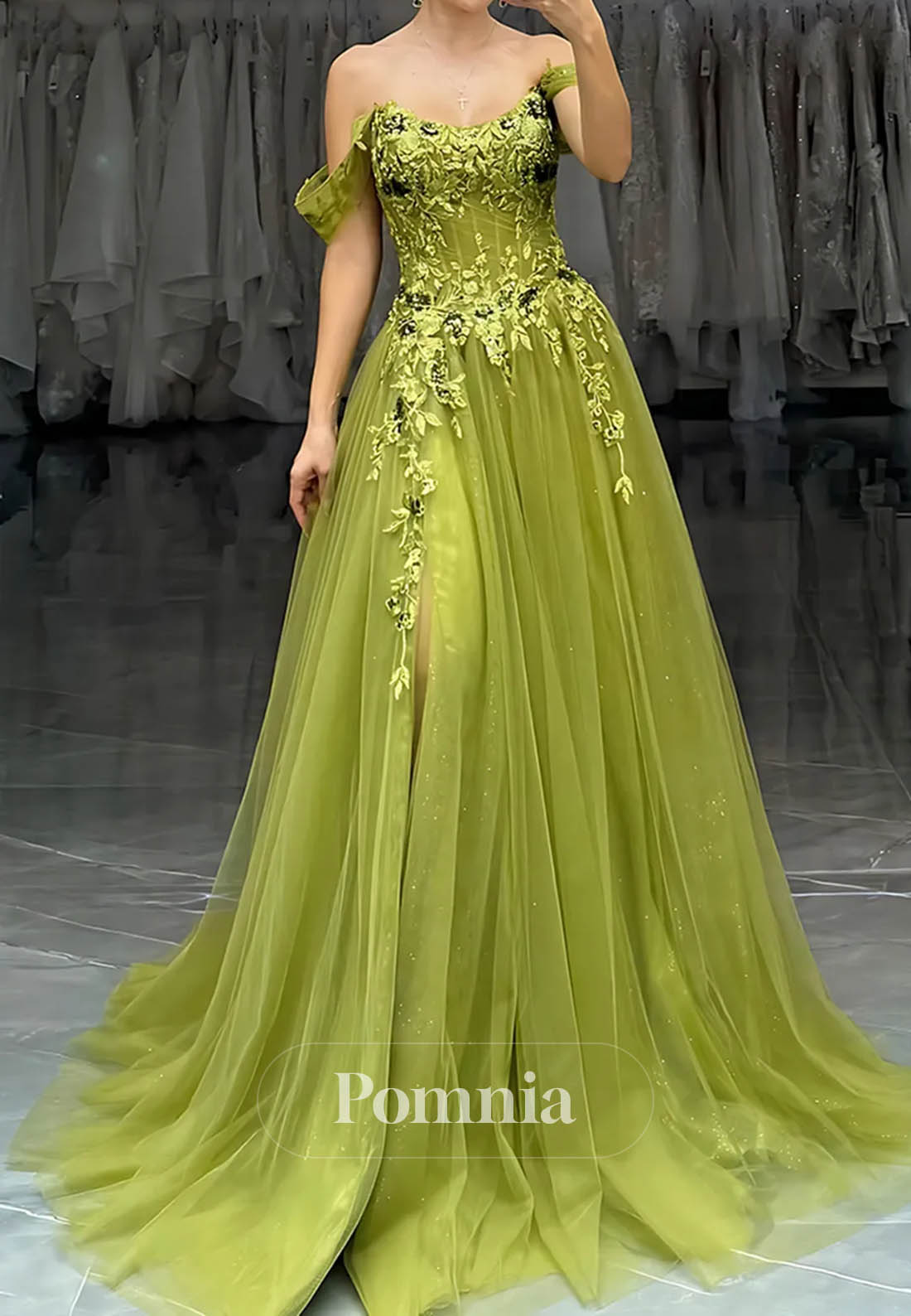 Green Off The Shoulder A-Line Long Corset Prom Dress with Lace