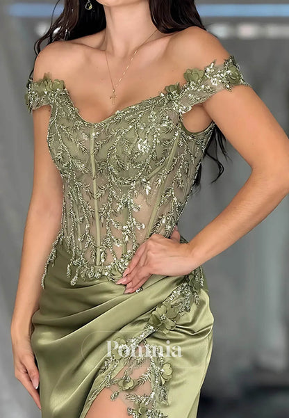 Green Off the Shoulder Satin Corset Long Prom Dress with Lace