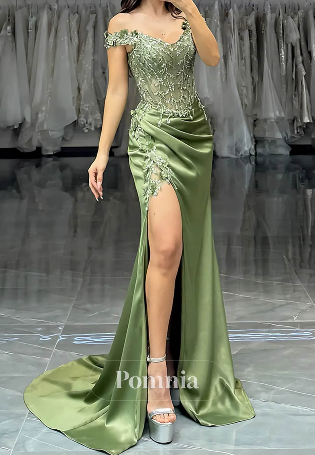 Green Off the Shoulder Satin Corset Long Prom Dress with Lace