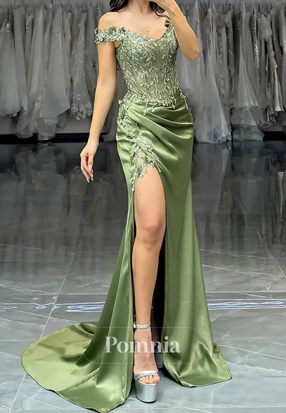 Green Off the Shoulder Satin Corset Long Prom Dress with Lace
