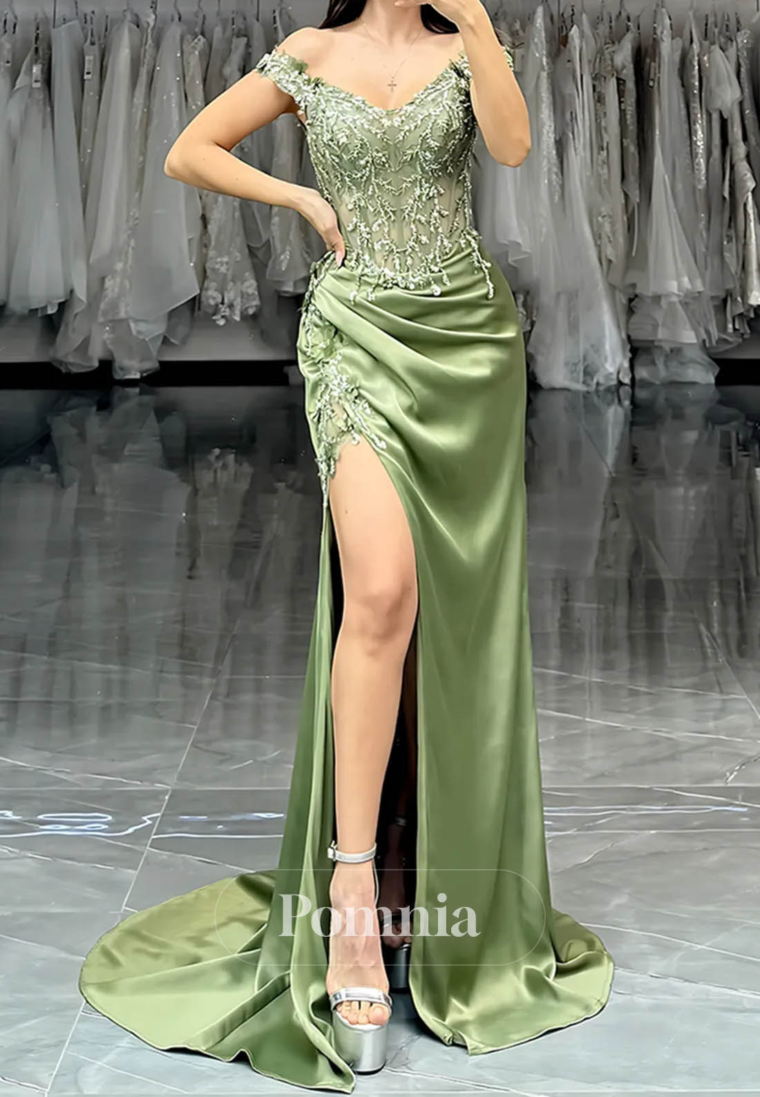 Green Off the Shoulder Satin Corset Long Prom Dress with Lace