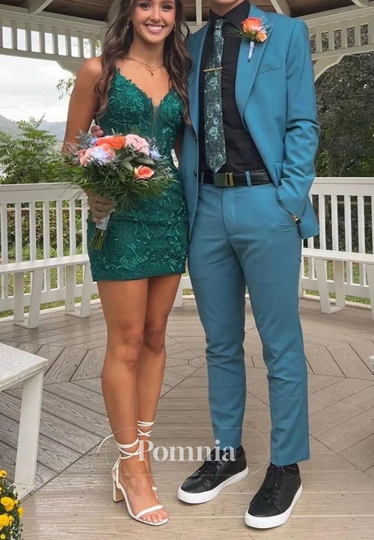 Dark Green Spaghetti Straps V-Neck Lace Homecoming Dress