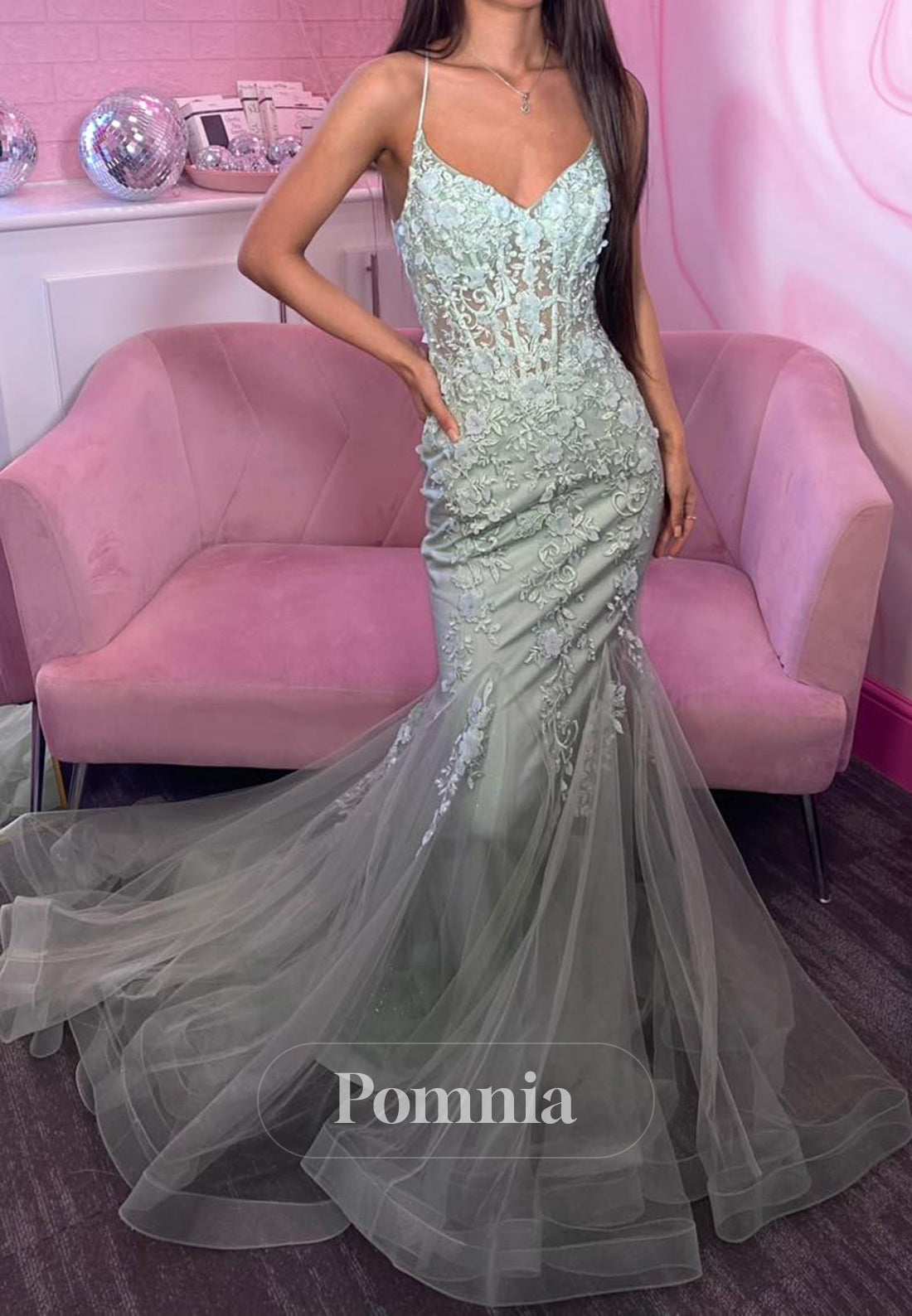 Grey Spaghetti Straps V-Neck Floral Appliques Mermaid Prom Dress