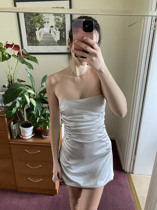 Grey Strapless Satin Short Homecoming Dress