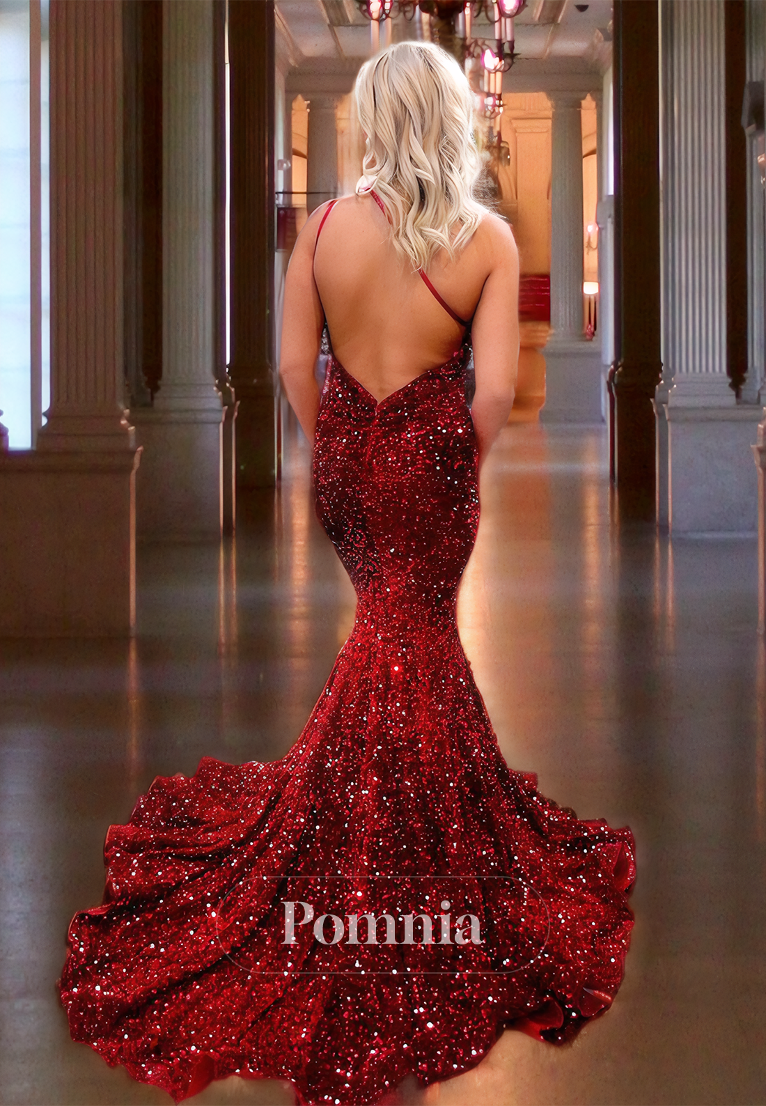 Burgundy One Shoulder Formal Evening Dress  with  train Mermaid Backless Long Prom Party Dress