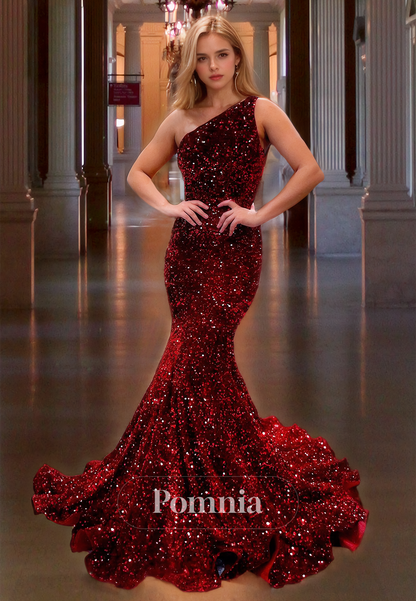 Burgundy One Shoulder Formal Evening Dress  with  train Mermaid Backless Long Prom Party Dress