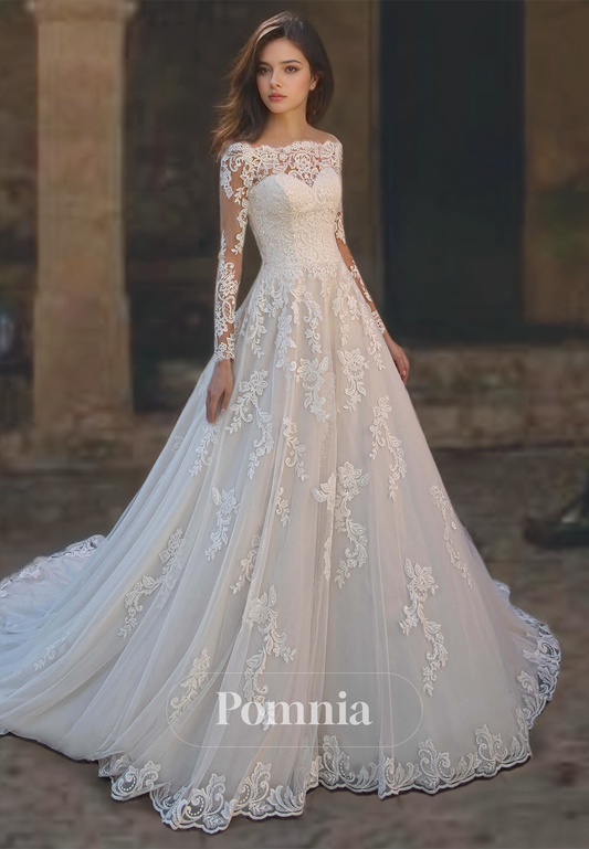 A-Line Bateau Lace Long Sleeves Floral Appliqued Court Train Romantic Wedding Dress