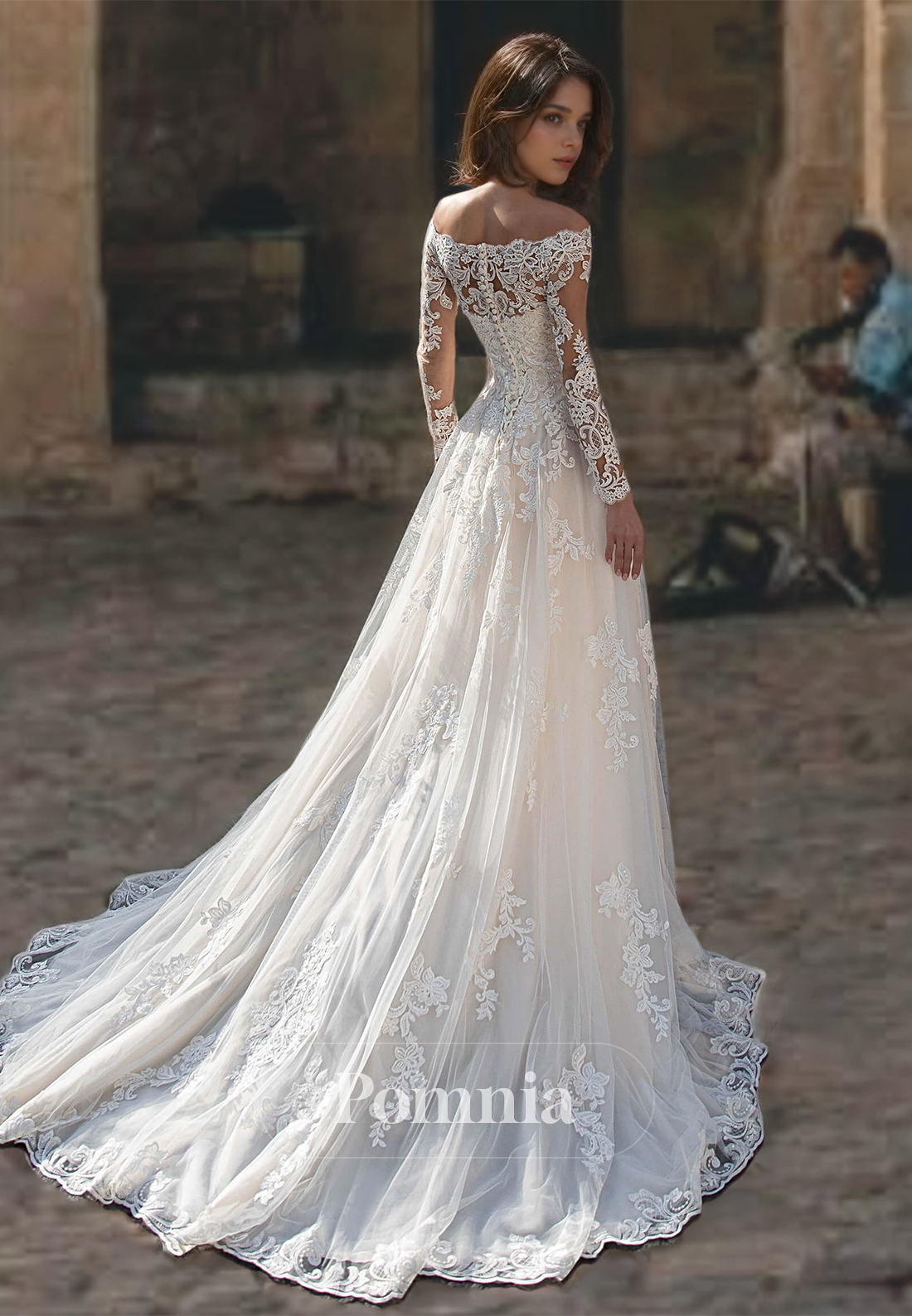 A-Line Bateau Lace Long Sleeves Floral Appliqued Court Train Romantic Wedding Dress