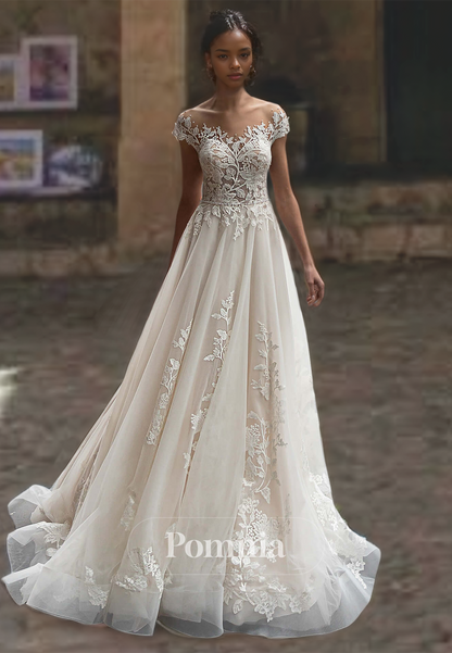 A-Line Sweetheart Lace Corset Tulle Appliques Sweep Train Beach Wedding Dress