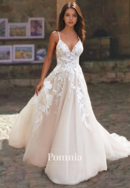 Spaghetti Straps V-Neck Crisscross Back Floral Lace Appliqued Court Train Beach Wedding Dress