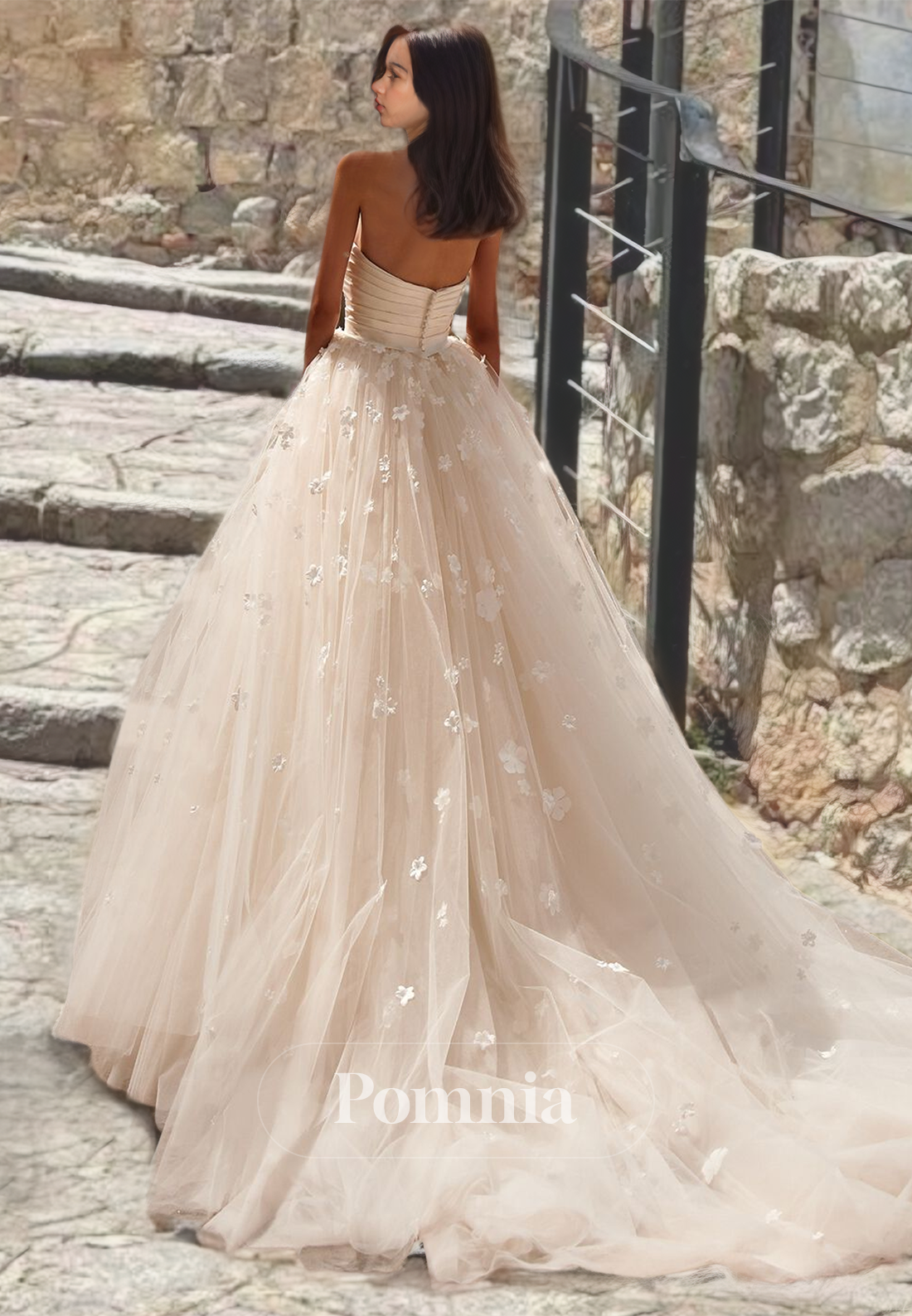 A-Line Off-Shoulder Floral Appliqued Sweetheart Court Train Romantic Weeding Dress