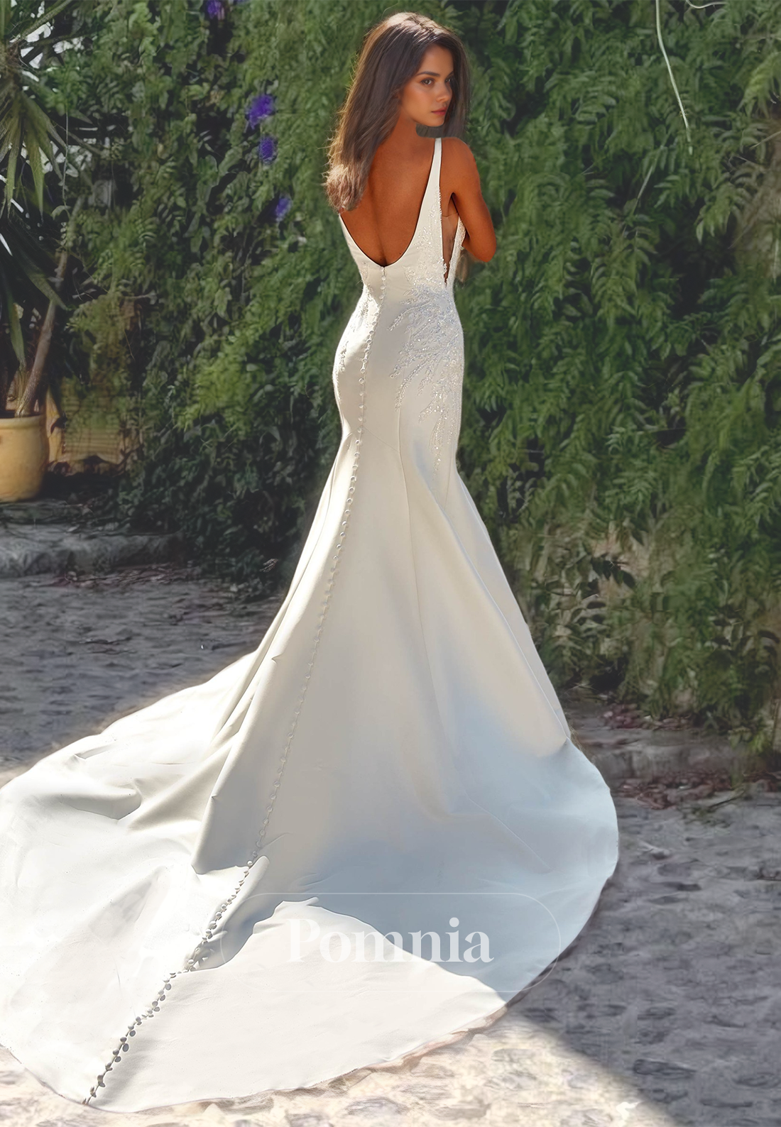 Spaghetti Straps V-Neck Backless Beach Wedding Dress with Train Mermaid Wedding Dress