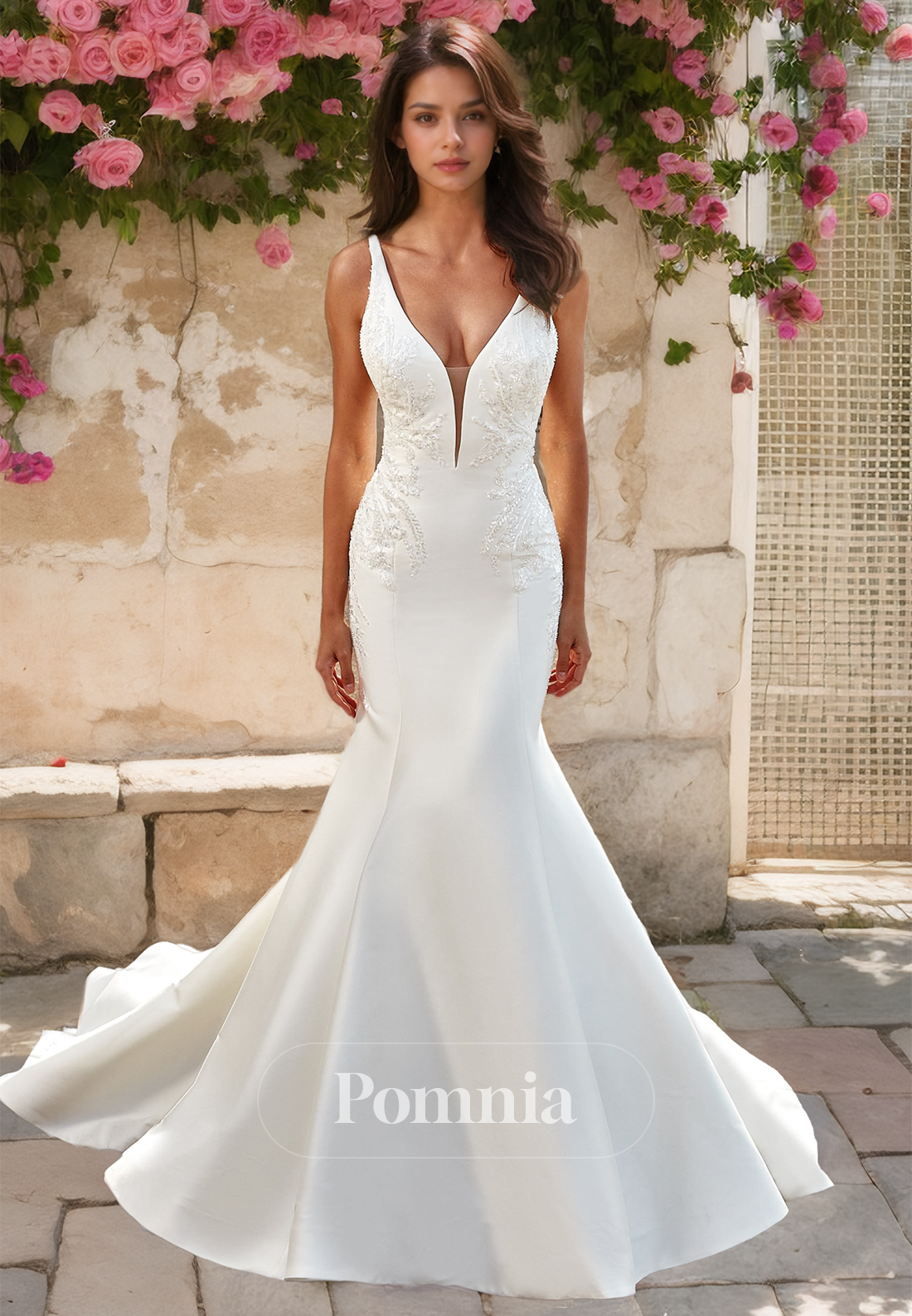 Spaghetti Straps V-Neck Backless Beach Wedding Dress with Train Mermaid Wedding Dress