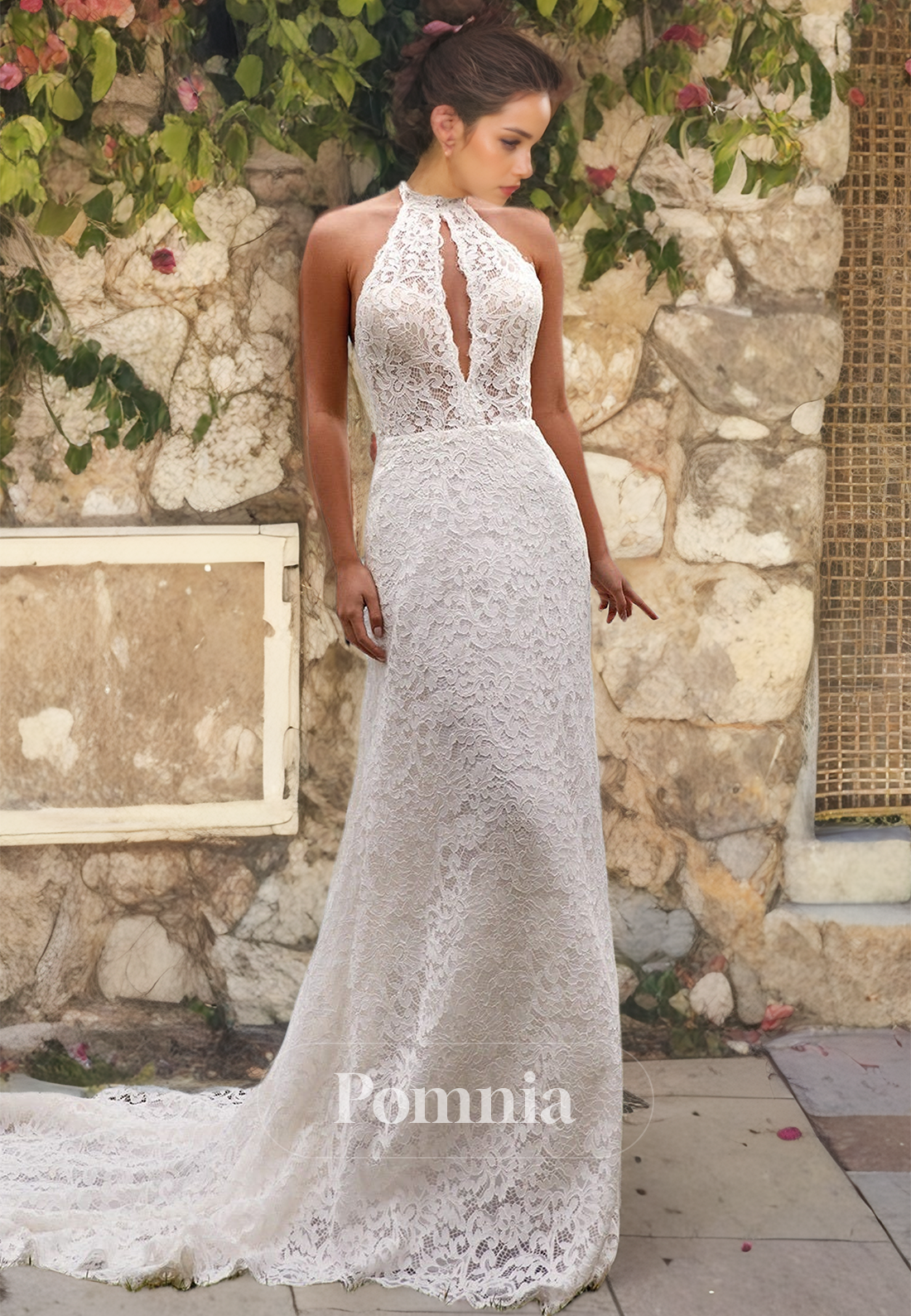 Halter Lace Appliqued Mermaid Wedding Dress with Train Illusion Backless Boho Wedding Dress