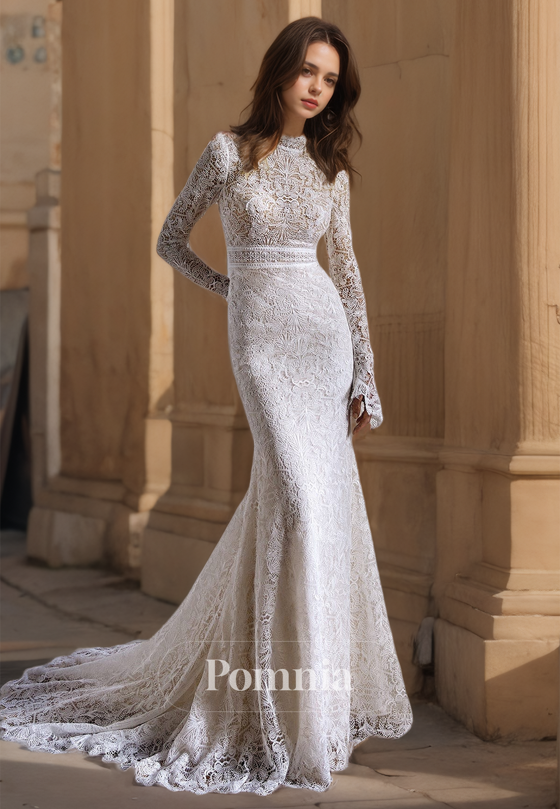 Long Sleeves Lace Appliqued Mermaid Wedding Dress with Train Backless Boho Wedding Dress