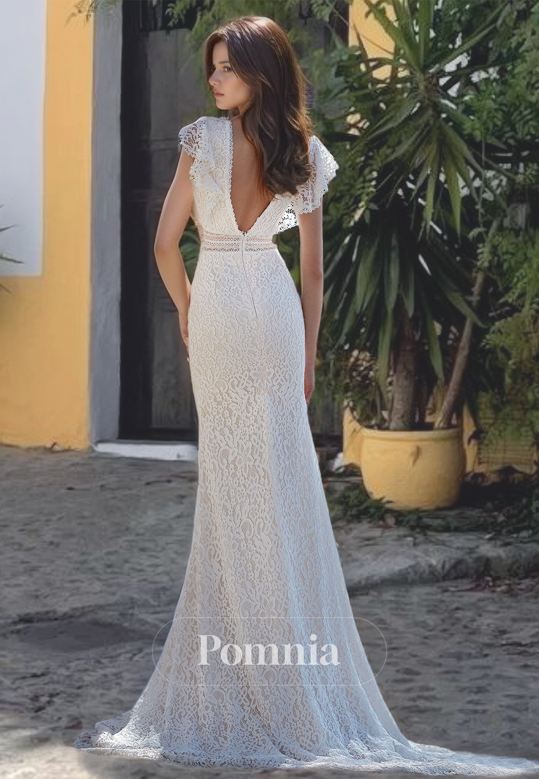 V-Neck Cap Sleeves Lace Appliqued Mermaid Wedding Dress with Train Backless Boho Wedding Dress